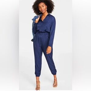 NWT On 34th Animal Print Jacquard Jumpsuit Blue Size M Long Sleeve Button Front